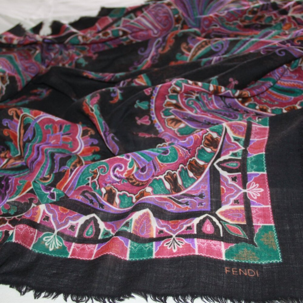 FENDI Luxurious Rare VTG Logo Wool Shawl India Pattern Scarf Large Square 53in